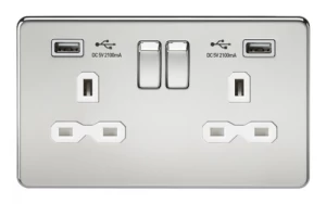 Image of KnightsBridge 13A 2G Screwless Polished Chrome 2G Switched Socket with Dual 5V USB Charger Ports - White Insert