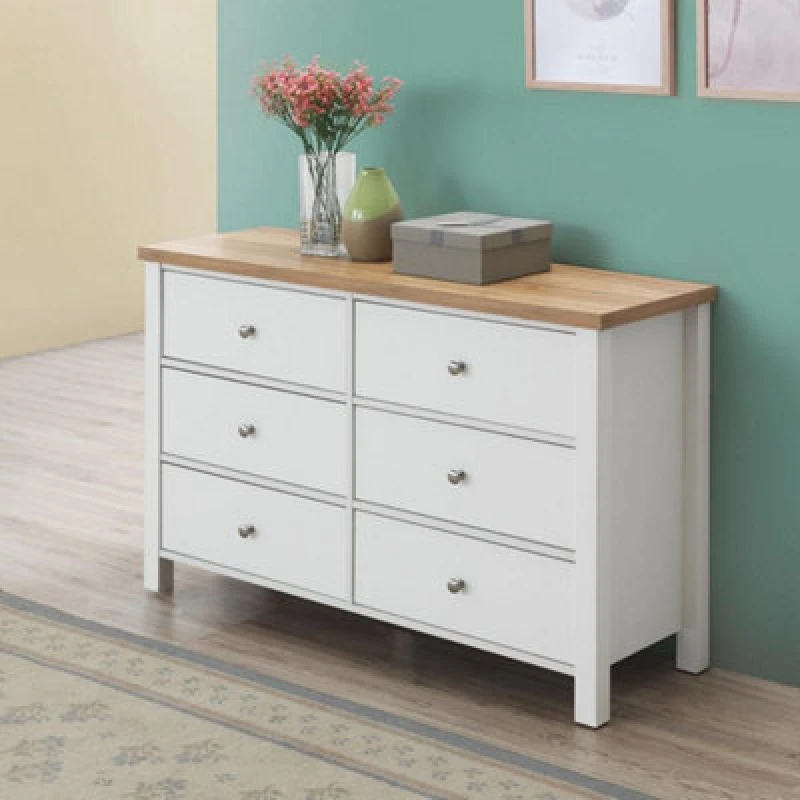 Image of Timber Art Design Astbury 6 Drawer Bedroom Cabinet Chest Of Drawers White And Oak