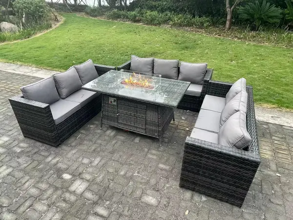 Image of Fimous 9 Seater Outdoor Dark Grey Rattan Lounge Complete Sofa Set with Gas Fire Pit Dining Table