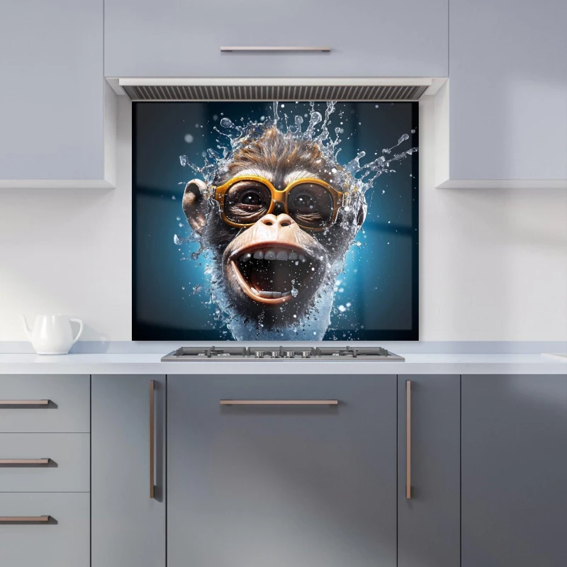 Image of Warren Reed - Designer Splashart Cheeky Chimp Face With Glasses Kitchen Splashback in Blue Size: 700mm x 750mm Blue Unisex 700mm x 750mm