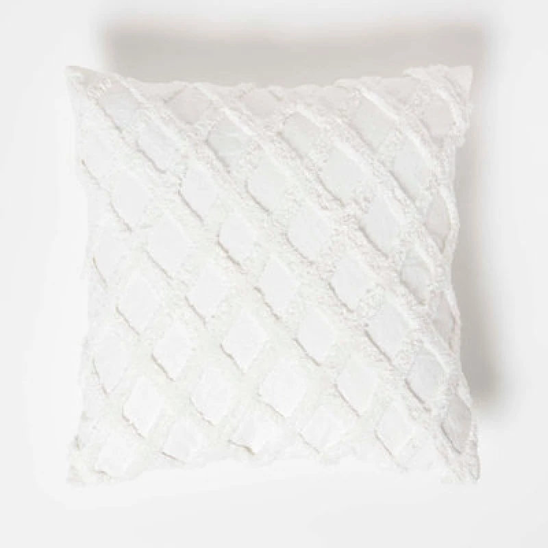 Image of Homescapes Geometric Diamond White Tufted Cotton Cushion 45 X 45 Cm