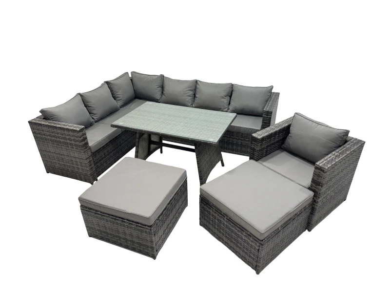 Image of Fimous 9-seater Outdoor PE Rattan Sofa Set with with Chair 2 Big Stools in Dark Grey Dark Grey Unisex