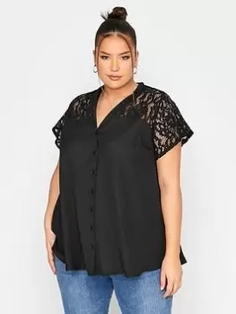 Image of Yours Clothing Lace Insert T-Shirt Blouse Black, Size 26-28, Women