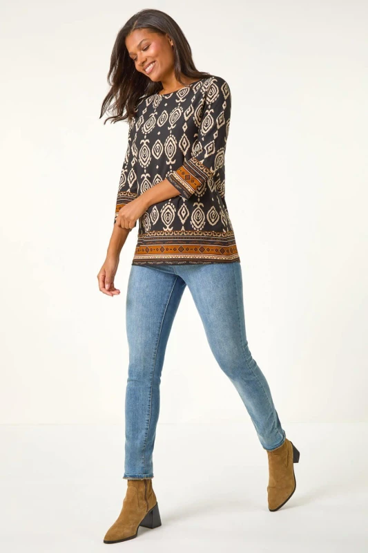 Image of Roman Ikat Border Hem Stretch Top Brown female