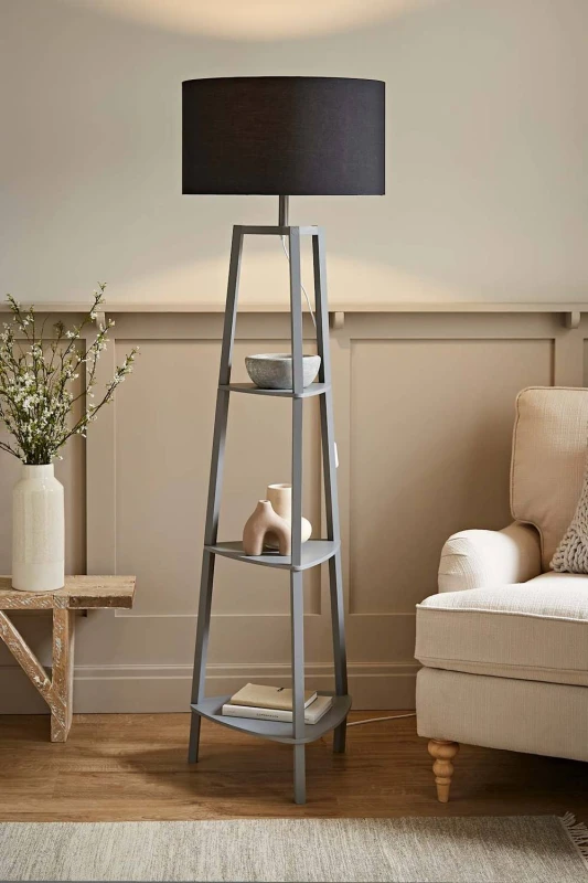 Image of ValueLights Hiru Grey 3 Tier Wooden Shelf Floor Lamp With Large Black Shade Black