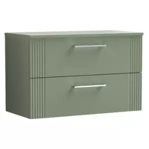 Image of Nuie Deco Satin Green 800mm Wall Hung 2 Drawer Vanity Unit with Worktop - DPF895W - Satin Green