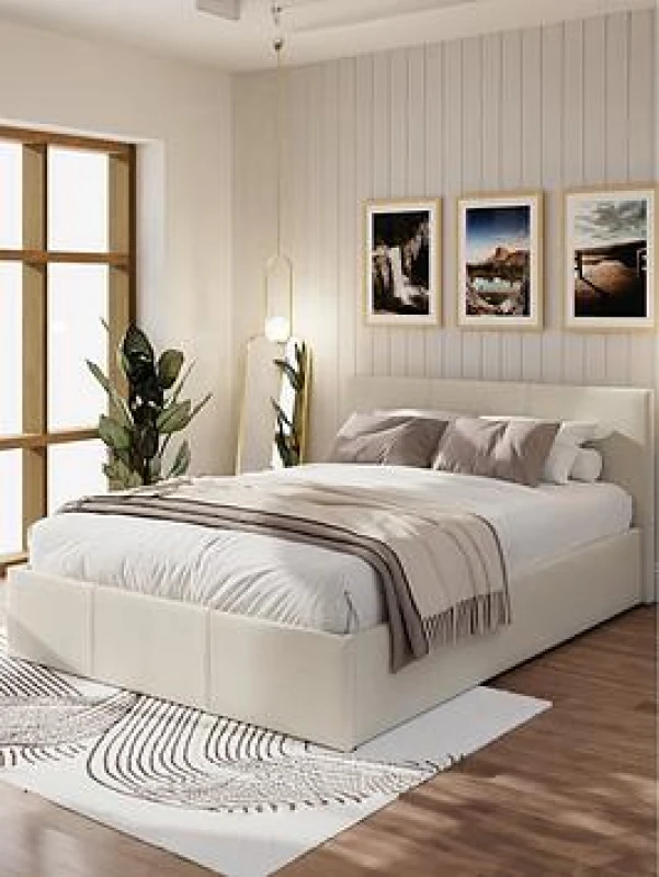 Image of GFW End Lift Double Ottoman Natural Fabric Bed & Pocket Mattress, Cream EL135NTSP