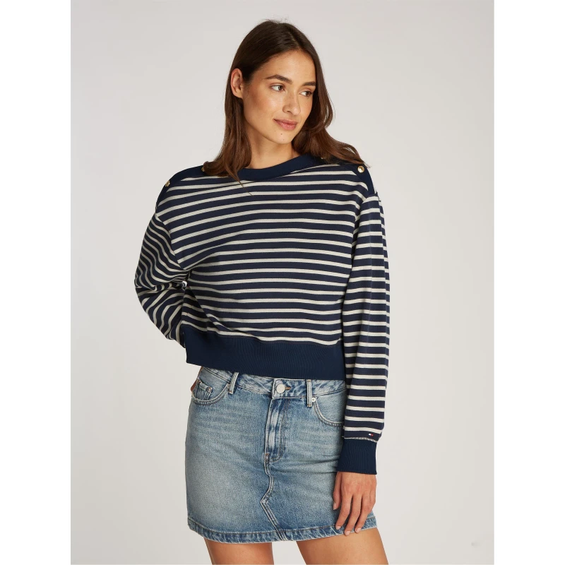 Image of Tommy Hilfiger Womens Gold Button Boat Neck Sweatshirt Breton Stp female 8 (XS)