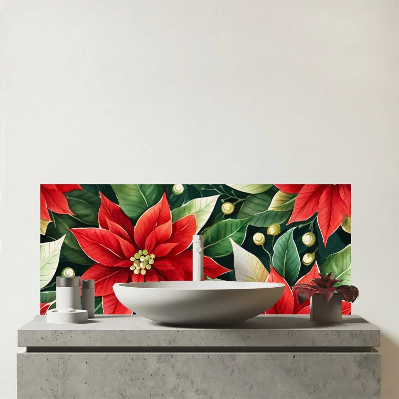 Image of Warren Reed - Designer Poinsetta Watercolour Glass Bathroom Splashback in Red Red Unisex
