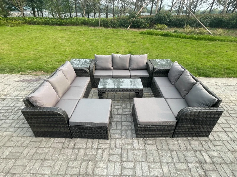 Image of Fimous Rattan Garden Furniture Set 11 Seater Indoor Outdoor Patio Sofa Set with Coffee Table 2 Big Footstool 2 Side Tables Dark Grey Mixed Dark Grey