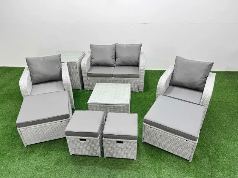Image of Fimous PE Rattan Love Sofa Reclining Chair Set with 4 Footstools Side Table in Light Grey Light Grey Unisex