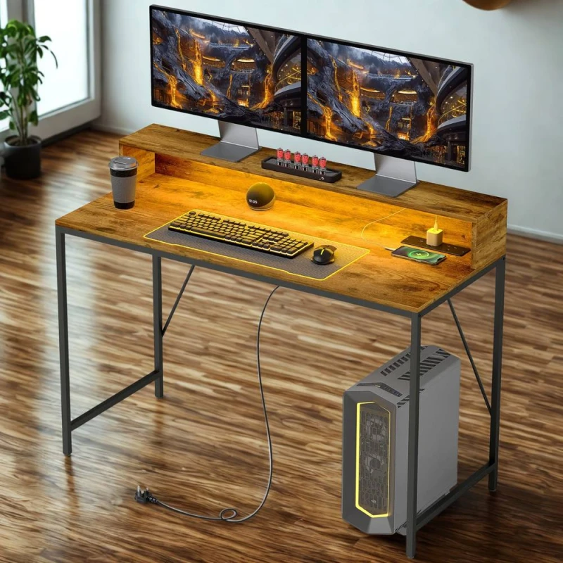 Image of FURNOS Industrial 120CM Computer Desk With USB Outlets & LED Lights in Brown Brown Unisex