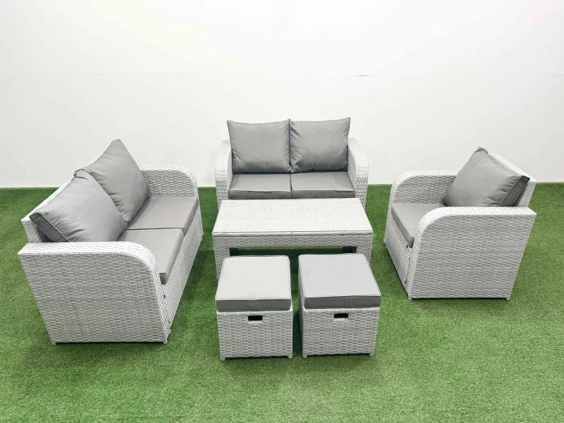 Image of Fimous High Back Poly Rattan Garden Furniture Set with Reclining Chair Loveseat Sofa Oblong Coffee Table Indoor Outdoor Patio Set 2 Stool Light Grey