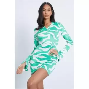 Image of I Saw It First Green Slinky Zebra Print Open Collared Long Sleeve Bodycon Dress - Green