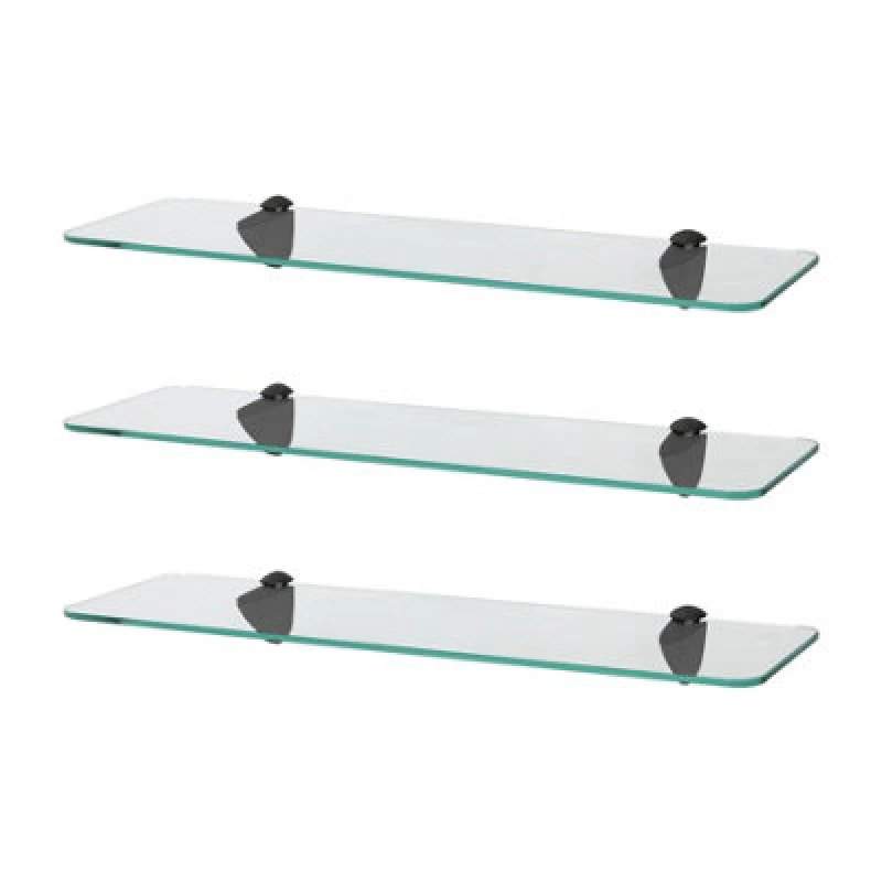 Image of Harbour Housewares 3X Rounded Floating Glass Shelves - 50Cm - Black Brackets - Bathroom Shower Storage Vanity Display Unit Shelf