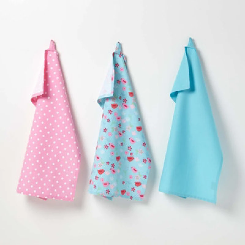 Image of Homescapes Cotton Birds and Flowers Pink Blue Tea Towels Set Of Three Blue unisex