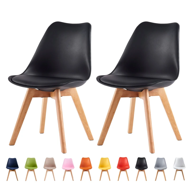 Image of MCC Direct Set of 2 Dining Chairs with wooden Legs and Padded Cushion Eva Black