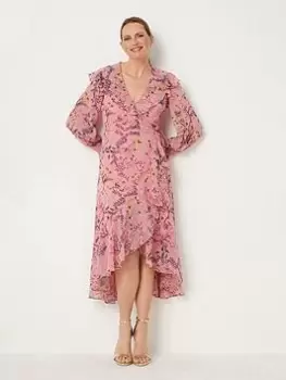Image of Wallis Botanical Ruffle Neck Wrap Dress - Pink, Size 16, Women