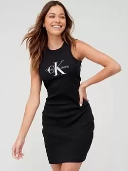 Image of Calvin Klein Jeans Archival Mono Logo Ribbed Tank Dress - Black, Size L, Women