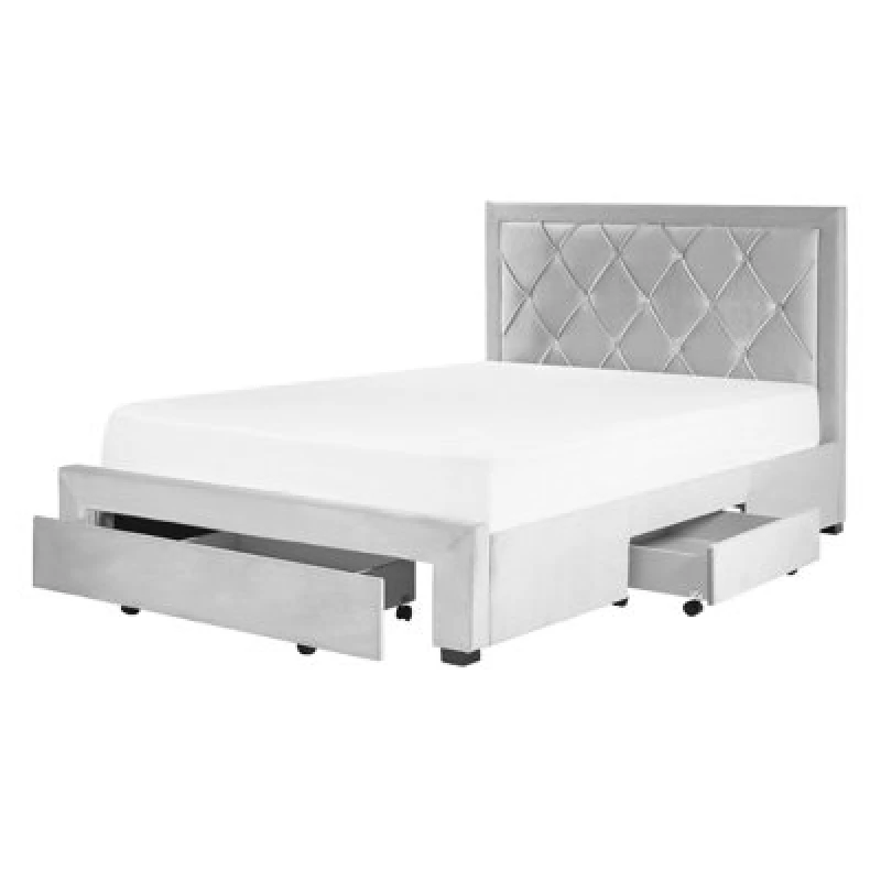 Image of Beliani Bed With Storage Drawers Velvet Lievin 140 X 200 Cm (Eu Double) Light Grey