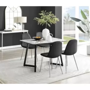 Image of Furniturebox Carson White Marble Effect Recatngular 120cm Dining Table & 4 Black Corona Faux Leather Dining Chairs with Silver Legs Diamond Stitch