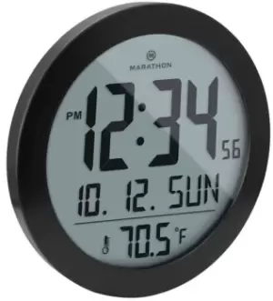 Image of Marathon Clock Round Digital Wall Date and Temperature Black Steel