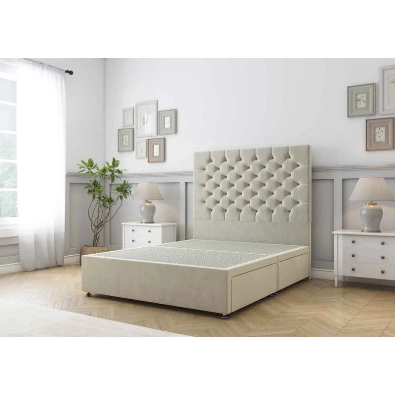 Image of Sloomy Mayfair Cream Plush Divan Bed Base 2 Drawers Same Side With 26" Strutted Headboard 4'6 Double
