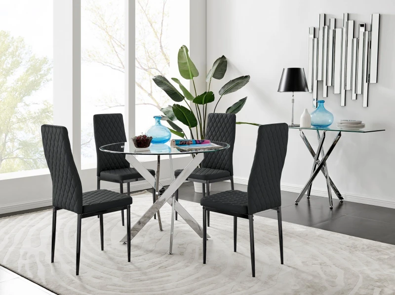 Image of FurnitureboxUK FurnitureboxUK Novara 100cm Round Dining Table and 4 Milan Black Leg Chairs Black One Size Unisex 5056542647185