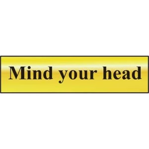 Image of ASEC Mind Your Head 200mm x 50mm Gold Self Adhesive Sign