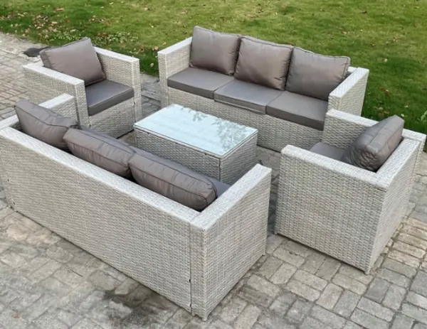 Image of Fimous 8 Seater Outdoor Light Grey PE Rattan Lounge Sofa Complete Set with Oblong Coffee Table