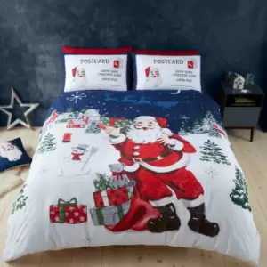 Image of Catherine Lansfield Retro Father Christmas Reversible Blue Duvet Cover & Pillowcase Set Blue