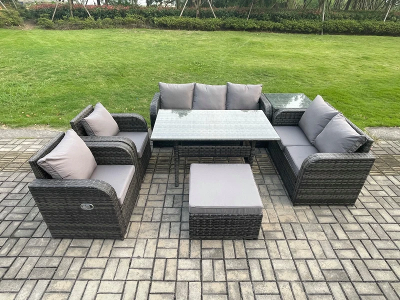 Image of Fimous Dark Grey Wicker Rattan Garden Furniture Set Reclining Chair Love Sofa 2 Seater Sofa Set Outdoor Rectangular Dining Table Side Table 8 Seater D