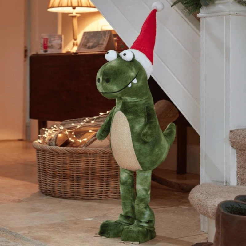 Image of 85cm Tall Green Plush Big Lizard Dino Standing Christmas Decoration with Santa Hat