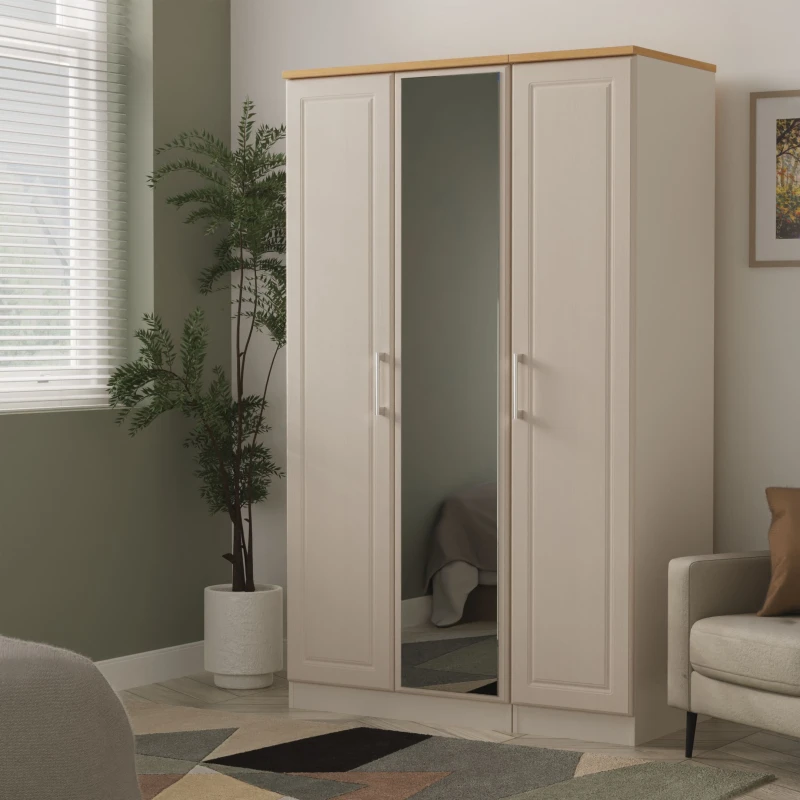 Image of Sevilla Ready Assembled Traditional Matt Beige Oak Effect Large Triple Wardrobe With 1 Mirror Door (H)1825mm (W)1110mm (D)530mm