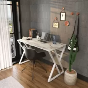 Image of Gyza Modern Metal Frame Computer Desk ,Writing Desk With Metal Legs- White Marble Pattern And White - Decorotika