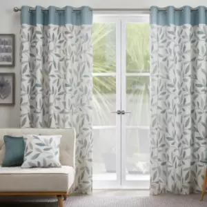 Image of Beechwood Leaf Trail 100% Cotton Eyelet Lined Curtains, Duck Egg, 90 x 90" - Fusion
