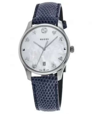 Image of Gucci G-Timeless Mother of Pearl Dial Blue Leather Strap Womens Watch YA1264049 YA1264049