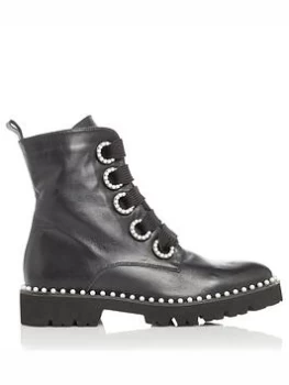 Image of Dune London Purla Leather Pearl Eyelet Biker Ankle Boot - Black, Size 7, Women