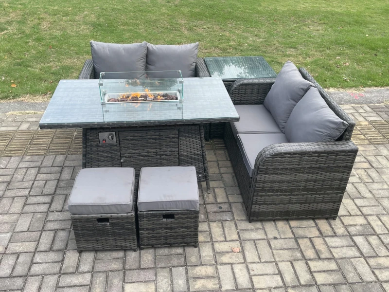 Image of Fimous Rattan Garden Furniture Set with Gas Fire Pit Table 6 Pieces Outdoor Loveseat Sofa Set Dark Grey Mixed Dark Grey