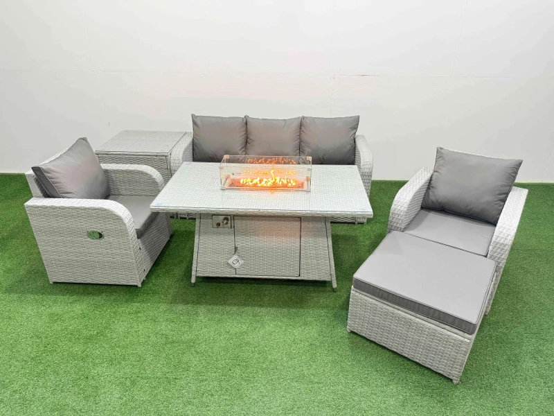Image of Fimous PE Rattan Garden Furniture Set Reclining Chair Sofa Lounge Sofa Set Firepit Dining Table Side Table Big Footstool Light Grey Light Grey