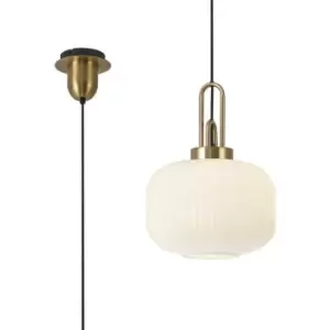 Image of Luminosa 1 Light Pendant E27 With 30cm Pumpkin Shaped Ribbed Glass, Opal Brass Gold, Matt Black