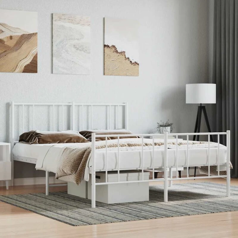 Image of Vidaxl Metal Bed Frame With Headboard And Footboard White 120X190 Cm 4ft Small Double, White 352544