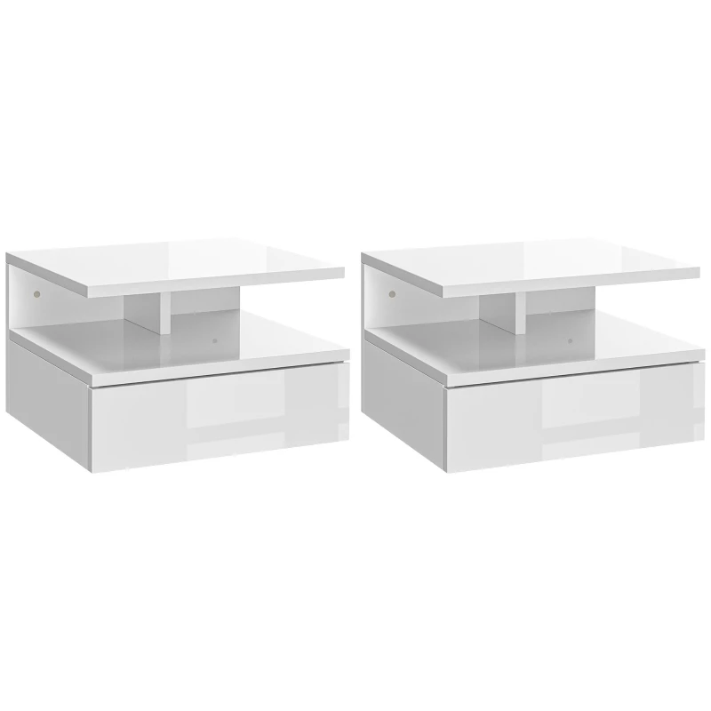 Image of HOMCOM Nightstand Set of 2, Wall Mounted Bedside Cabinet, High Gloss White 831-338V00WT