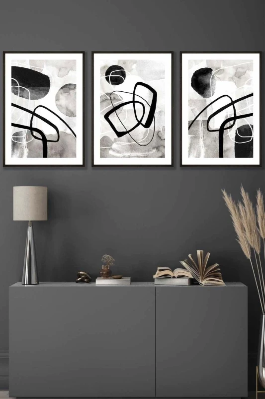 Image of ARTZE Abstract Black Grey Watercolour Shapes Framed Wall Art - Medium Size: W45cm x H62cm x D20mm Black Unisex W45cm x H62cm x D20mm