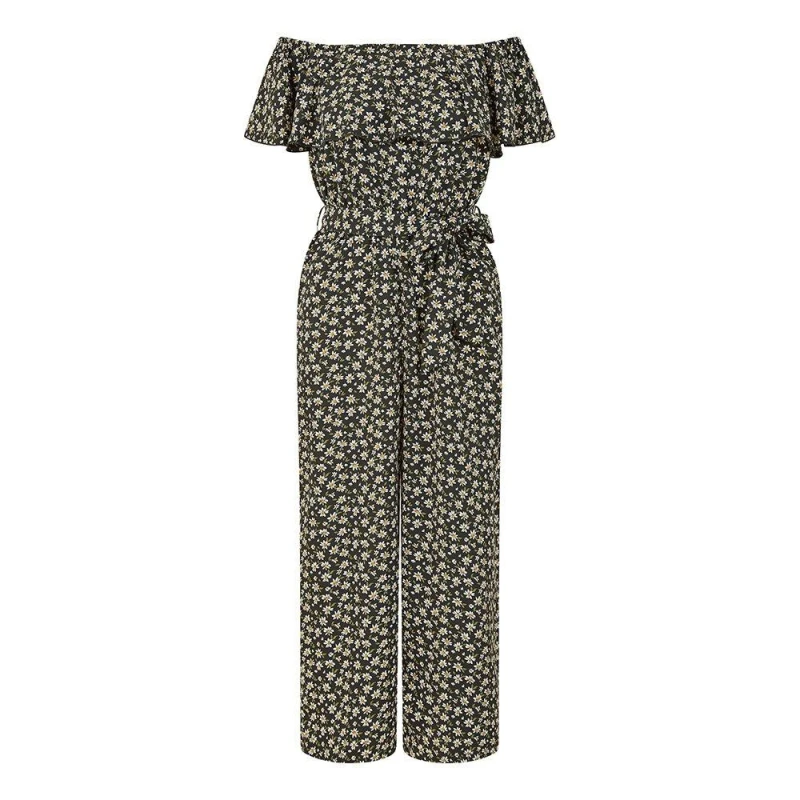 Image of Mela London Mela London Black Daisy Print Bardot Jumpsuit Black 8
