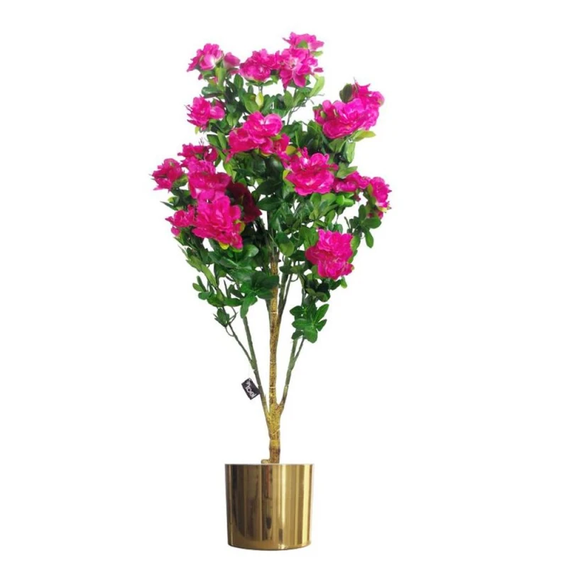 Image of Leaf Realistic 100cm Pink Azalea Potted Plant w/ Gold Metal Planter