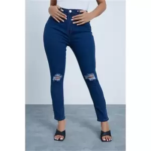 Image of I Saw It First Mid Blue Stretch Ripped Knee Skinny Jeans - Blue
