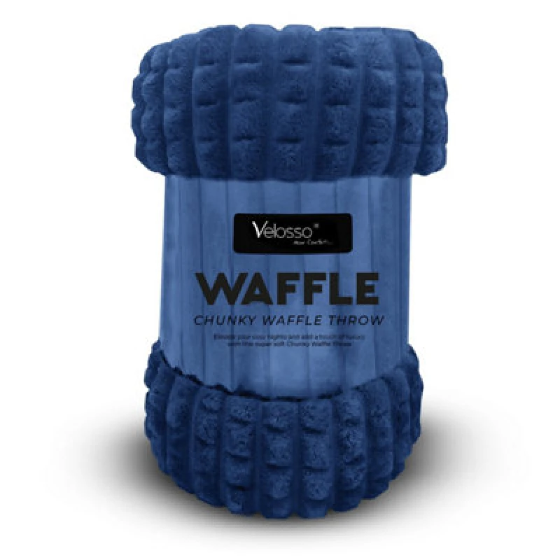 Image of Velosso Elegant Waffle Style Ribbed Thermal Plush Throw - Cosy Winter Embossed Fur Blanket For Sofa, Bed - 127Cm X 152Cm - Navy