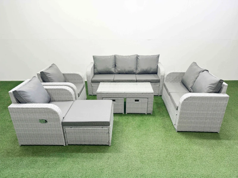 Image of Fimous PE Rattan Garden Furniture Set Adjustable Chair Sofa Double Love Seat 2 Seater Sofa Lounge Set Rectangular Coffee Table 3 Stools Light Grey Lig