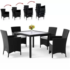 Image of Deuba Poly Rattan Garden Furniture Dining Table and Chairs Set Rectangular Glass Top Stackable Beige or Black Outdoor Patio Dining Set (Black)